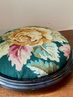 VTG Small Round Embroidered Floral Footstool Cottagecore England